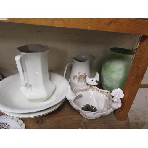 46 - COLLECTION OF CERAMICS TO INCL TWO WASH JUG AND BOWLS, AND GLASS VASE