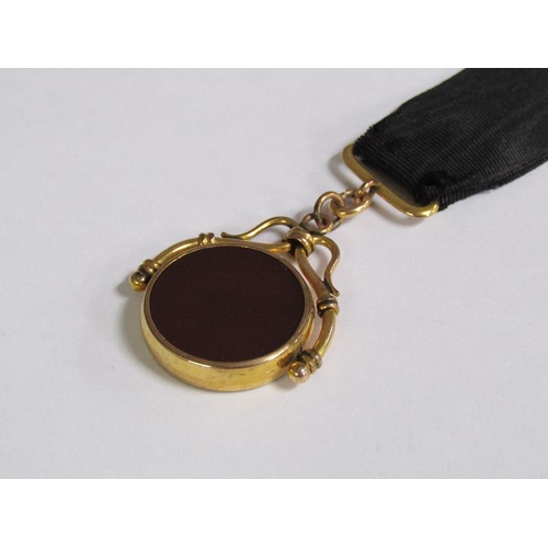 103 - A 19c Albertina with gold metal and bloodstone swivel fob, fob 16cm l.