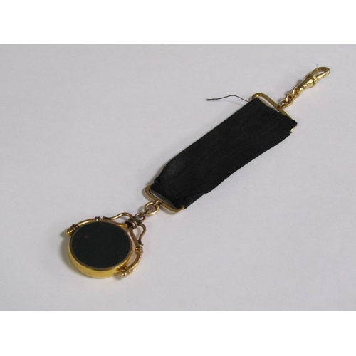 103 - A 19c Albertina with gold metal and bloodstone swivel fob, fob 16cm l.