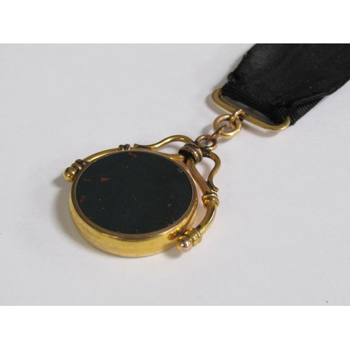 103 - A 19c Albertina with gold metal and bloodstone swivel fob, fob 16cm l.