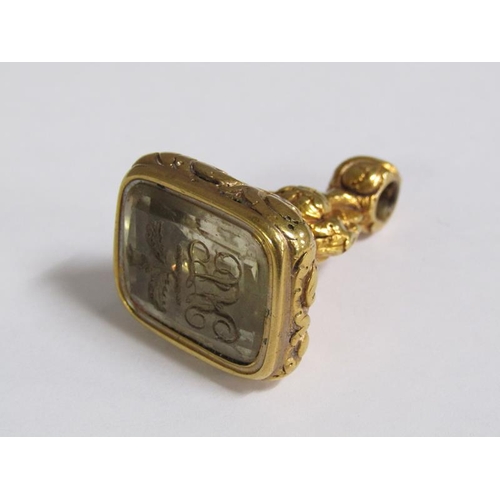 104 - A gold metal seal fob with engraved thistle seal, 4.5cm l.