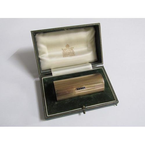 108 - A 1961 9ct gold and sapphire cylindrical box by Kurk Weiss for Garrard & Co, 62.8g, 7.5cm w.