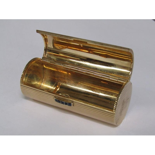 108 - A 1961 9ct gold and sapphire cylindrical box by Kurk Weiss for Garrard & Co, 62.8g, 7.5cm w.