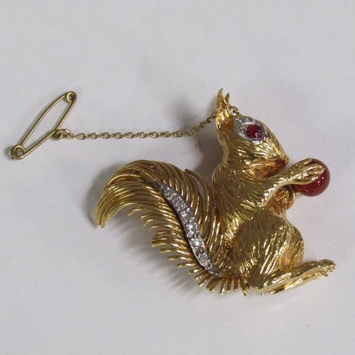 111 - A 1960's Kutchinsky 18ct gold and diamond with ruby set squirrel brooch, total 21.8g, 4cm h, signed ... 