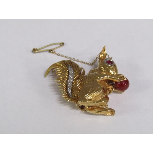 111 - A 1960's Kutchinsky 18ct gold and diamond with ruby set squirrel brooch, total 21.8g, 4cm h, signed ... 