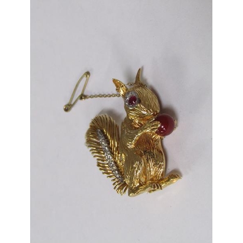 111 - A 1960's Kutchinsky 18ct gold and diamond with ruby set squirrel brooch, total 21.8g, 4cm h, signed ... 