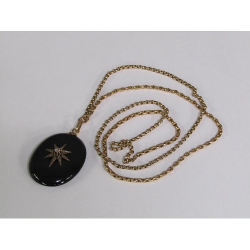 116 - A Victorian jet diamond set memoriam pendant with a 9ct gold chain, 14.6g, 80cm l.