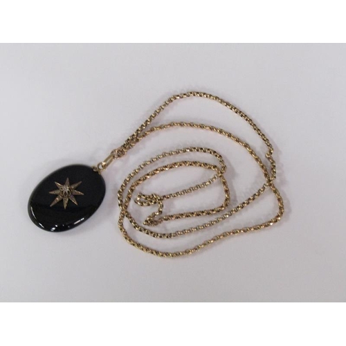 116 - A Victorian jet diamond set memoriam pendant with a 9ct gold chain, 14.6g, 80cm l.