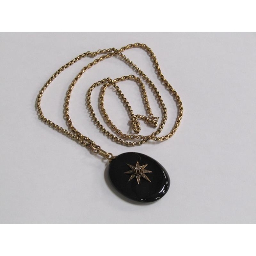 116 - A Victorian jet diamond set memoriam pendant with a 9ct gold chain, 14.6g, 80cm l.