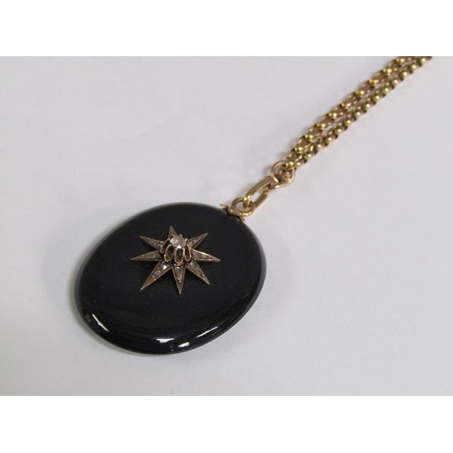 116 - A Victorian jet diamond set memoriam pendant with a 9ct gold chain, 14.6g, 80cm l.
