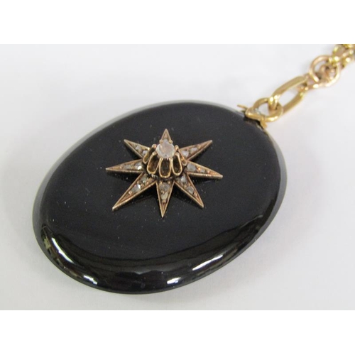 116 - A Victorian jet diamond set memoriam pendant with a 9ct gold chain, 14.6g, 80cm l.