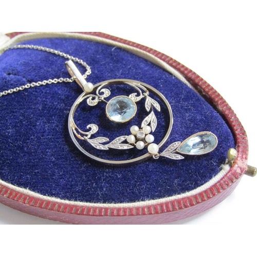 117 - An 18ct white gold Art Deco style diamond and aquamarine set pendant with chain, total 8.2g.