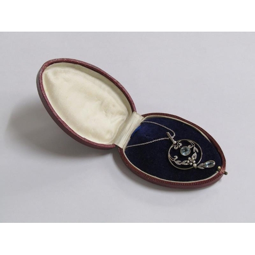 117 - An 18ct white gold Art Deco style diamond and aquamarine set pendant with chain, total 8.2g.