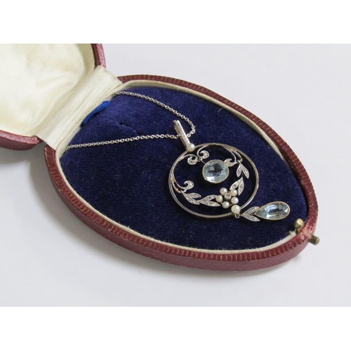 117 - An 18ct white gold Art Deco style diamond and aquamarine set pendant with chain, total 8.2g.