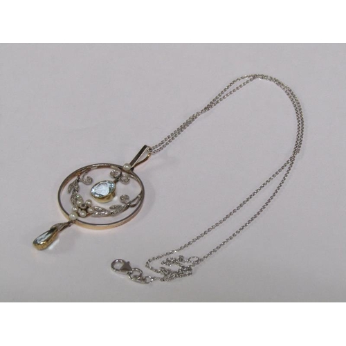117 - An 18ct white gold Art Deco style diamond and aquamarine set pendant with chain, total 8.2g.