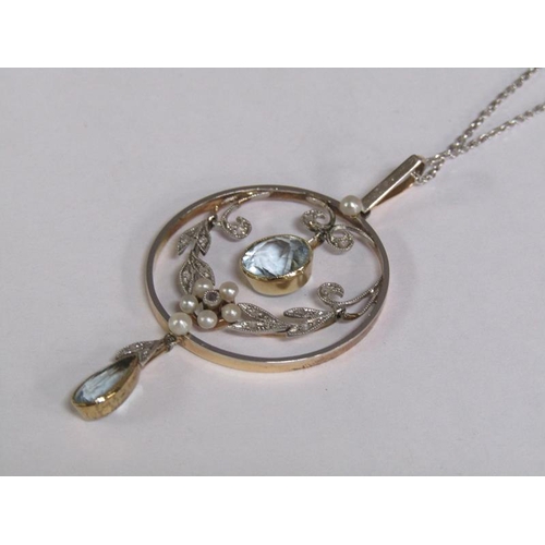 117 - An 18ct white gold Art Deco style diamond and aquamarine set pendant with chain, total 8.2g.