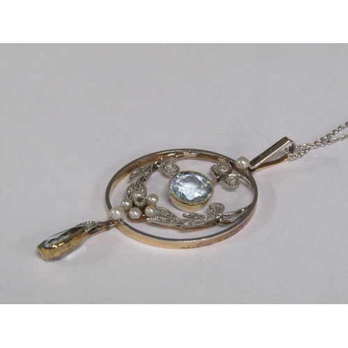 117 - An 18ct white gold Art Deco style diamond and aquamarine set pendant with chain, total 8.2g.