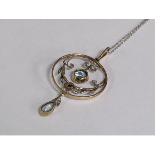 117 - An 18ct white gold Art Deco style diamond and aquamarine set pendant with chain, total 8.2g.