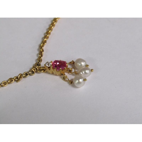 118 - A 15ct gold tourmaline and diamond pearl set pendant necklace, total 12.3g.