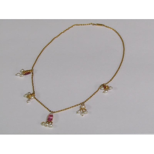 118 - A 15ct gold tourmaline and diamond pearl set pendant necklace, total 12.3g.