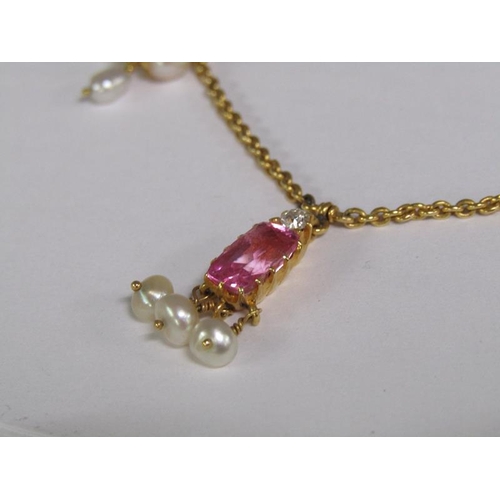 118 - A 15ct gold tourmaline and diamond pearl set pendant necklace, total 12.3g.