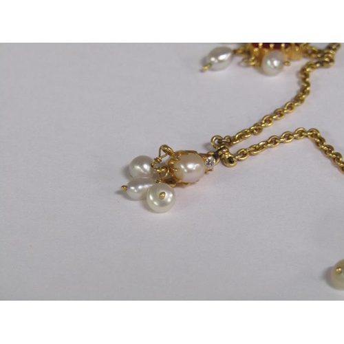 118 - A 15ct gold tourmaline and diamond pearl set pendant necklace, total 12.3g.