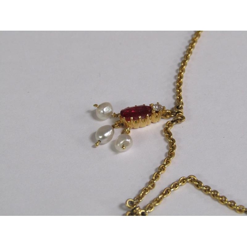 118 - A 15ct gold tourmaline and diamond pearl set pendant necklace, total 12.3g.