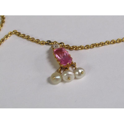 118 - A 15ct gold tourmaline and diamond pearl set pendant necklace, total 12.3g.