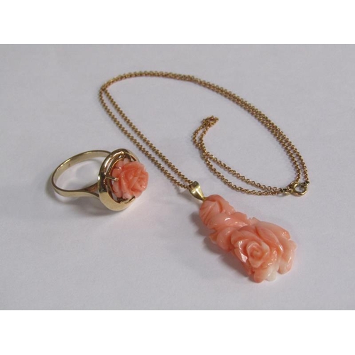 124 - A 14ct gold ring set with rose carved coral setting, size M 1/2, together with a 14ct gold chain wit... 