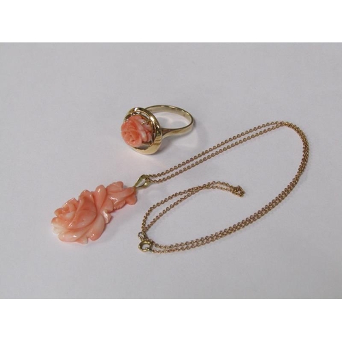 124 - A 14ct gold ring set with rose carved coral setting, size M 1/2, together with a 14ct gold chain wit... 