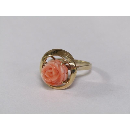 124 - A 14ct gold ring set with rose carved coral setting, size M 1/2, together with a 14ct gold chain wit... 