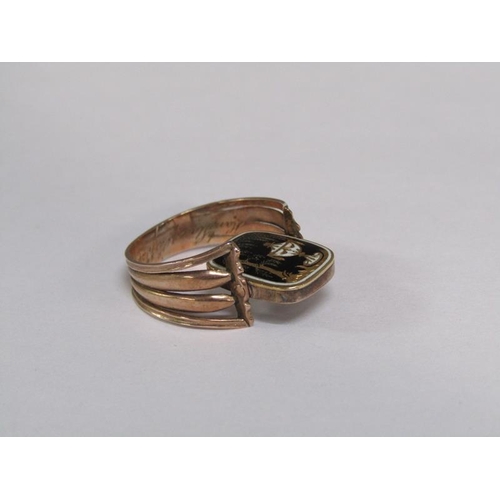 126 - A gold memoriam ring with a twist memoriam and enamel setting, dated 1814, size P 1/2, total 4g.