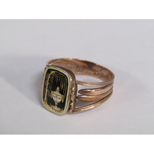 126 - A gold memoriam ring with a twist memoriam and enamel setting, dated 1814, size P 1/2, total 4g.
