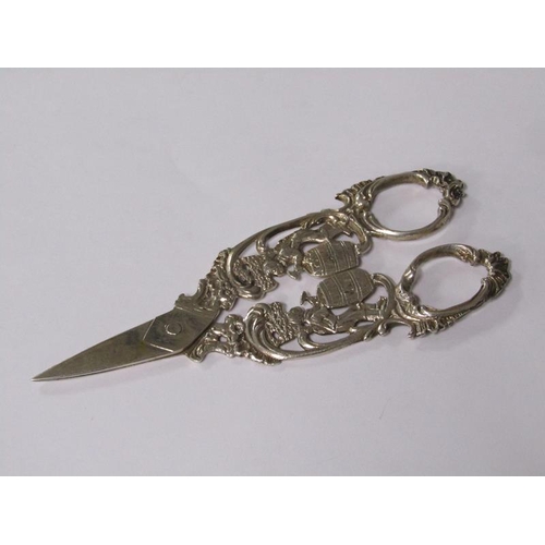 152 - A 19c German pair of silver scissors, cast with barrel makers, .800std, 12cm l.