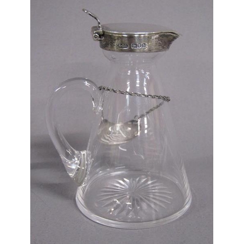 157 - An Edwardian clear glass whisky water jug with silver mount and whisky bottle ticket, makers mark fo... 