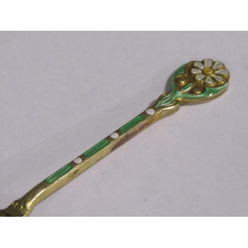 166 - A boxed set of six Mappin & Webb silver gilt coffee spoons with green and white enamelled handles an... 