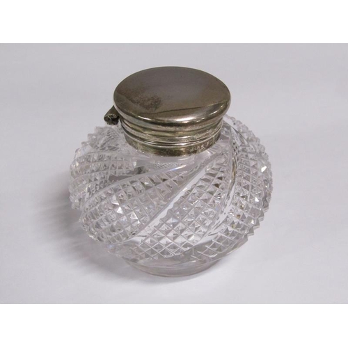 170 - An Art Deco silver single bottle inkstand, the globular cut glass bottle with silver mount and hinge... 