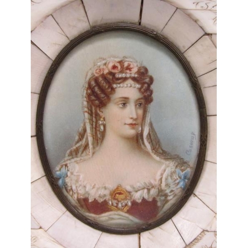 86 - Cosway - Oval framed portrait of a lady, she with roses in her hair, signed, framed and glazed, 8cm ... 