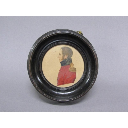 91 - Unsigned 19c - portrait miniature of an Officer in profile on paper, circular framed and glazed, 8.5... 