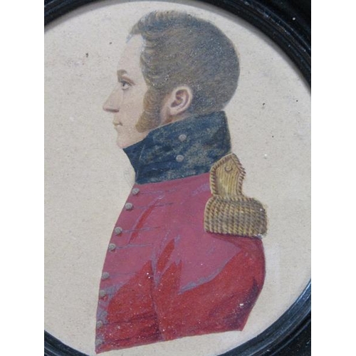 91 - Unsigned 19c - portrait miniature of an Officer in profile on paper, circular framed and glazed, 8.5... 