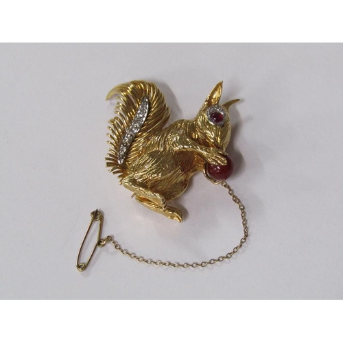 111 - A 1960's Kutchinsky 18ct gold and diamond with ruby set squirrel brooch, total 21.8g, 4cm h, signed ... 