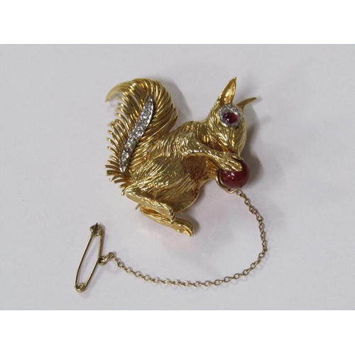 111 - A 1960's Kutchinsky 18ct gold and diamond with ruby set squirrel brooch, total 21.8g, 4cm h, signed ... 
