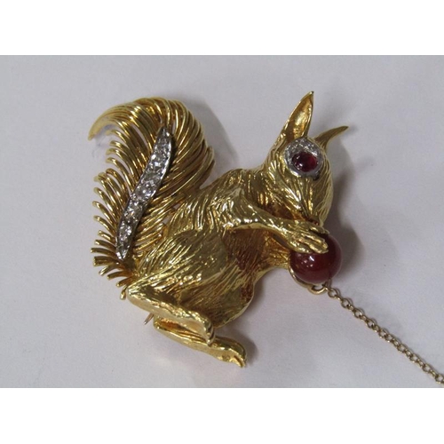 111 - A 1960's Kutchinsky 18ct gold and diamond with ruby set squirrel brooch, total 21.8g, 4cm h, signed ... 