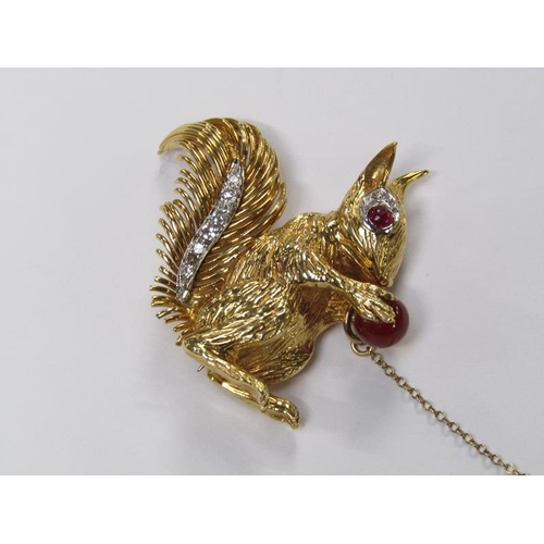 111 - A 1960's Kutchinsky 18ct gold and diamond with ruby set squirrel brooch, total 21.8g, 4cm h, signed ... 