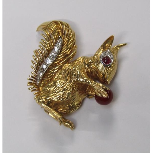 111 - A 1960's Kutchinsky 18ct gold and diamond with ruby set squirrel brooch, total 21.8g, 4cm h, signed ... 