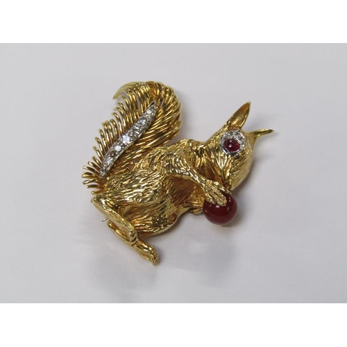 111 - A 1960's Kutchinsky 18ct gold and diamond with ruby set squirrel brooch, total 21.8g, 4cm h, signed ... 