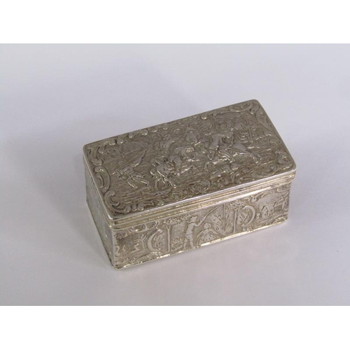 161 - A late Victorian snuff box, embossed with village scenes and the lid with the scene of two soldiers ... 