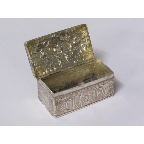161 - A late Victorian snuff box, embossed with village scenes and the lid with the scene of two soldiers ... 