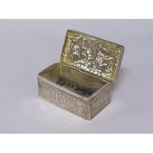 161 - A late Victorian snuff box, embossed with village scenes and the lid with the scene of two soldiers ... 