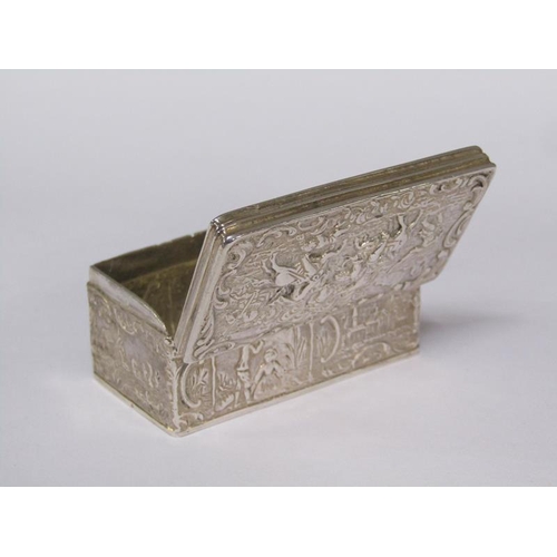 161 - A late Victorian snuff box, embossed with village scenes and the lid with the scene of two soldiers ... 